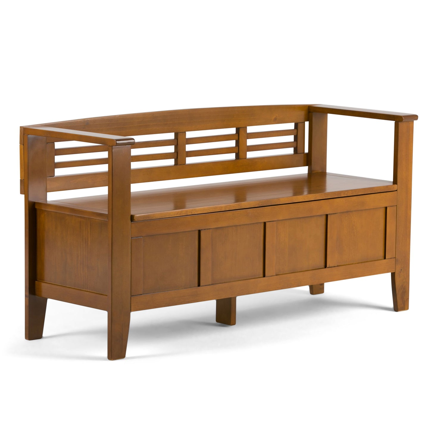 The Adams Entryway Storage Bench is handcrafted with a slatted backrest, armrests, and a storage compartment under the seat. It features a warm brown finish and offers classic, sturdy style for your home.