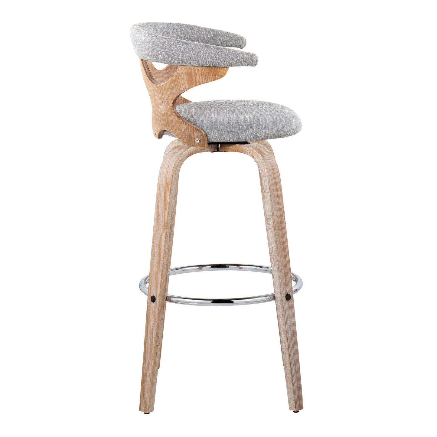 The Gardenia Contemporary Fixed Height Barstool (Set of 2) features swivel seats, light wood legs, a round metal footrest, and cushioned seat and backrest in light gray fabric with a supportive curved backrest.