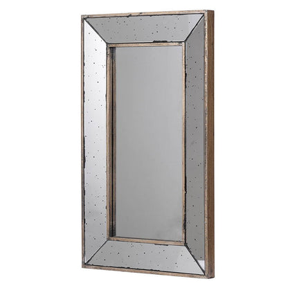 The Distressed Accent Mirror is a traditional style framed wall mirror with a wide, beveled frame, featuring an antique distressed finish, small dotted accents, and a vintage-inspired wooden outer edge—perfect for living rooms.