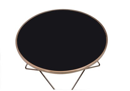 The Valora Glass Coffee Table features a round black glass top with a sleek metallic frame and stand, shown isolated on a white background.