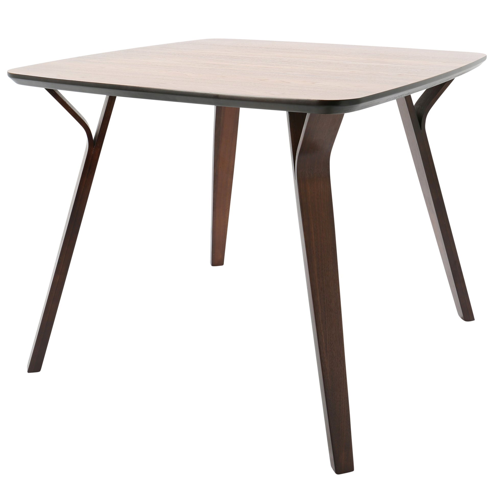 The Folia Mid Century Modern Dinette Table features a square wooden top with angled legs, a smooth surface, gently rounded edges, and a dark brown finish for a sleek, minimalist look.