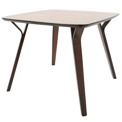 The Folia Mid Century Modern Dinette Table features a square wooden top with angled legs, a smooth surface, gently rounded edges, and a dark brown finish for a sleek, minimalist look.