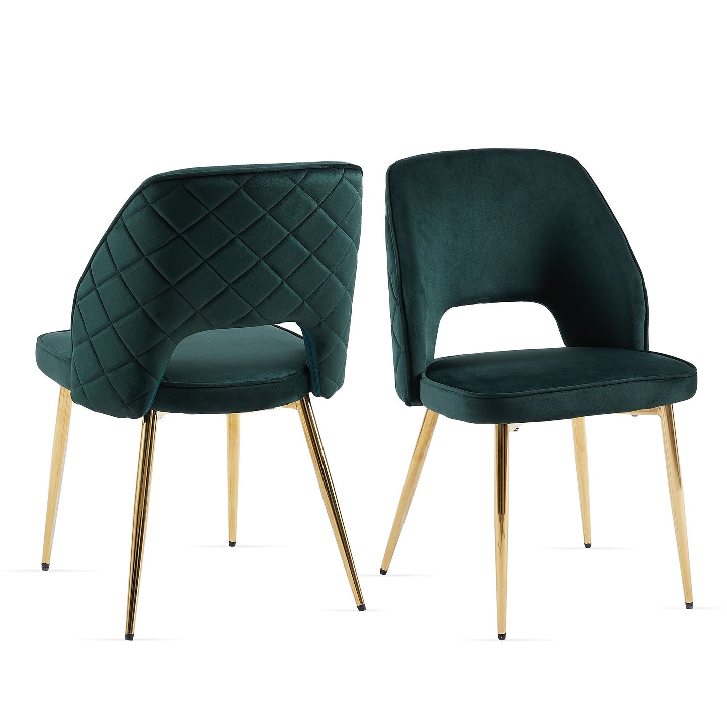 Two Velvet Dining Chairs With Metal Legs And Hollow Back, shown at different angles on a white background. These upholstered dining chairs feature a modern open-back design.