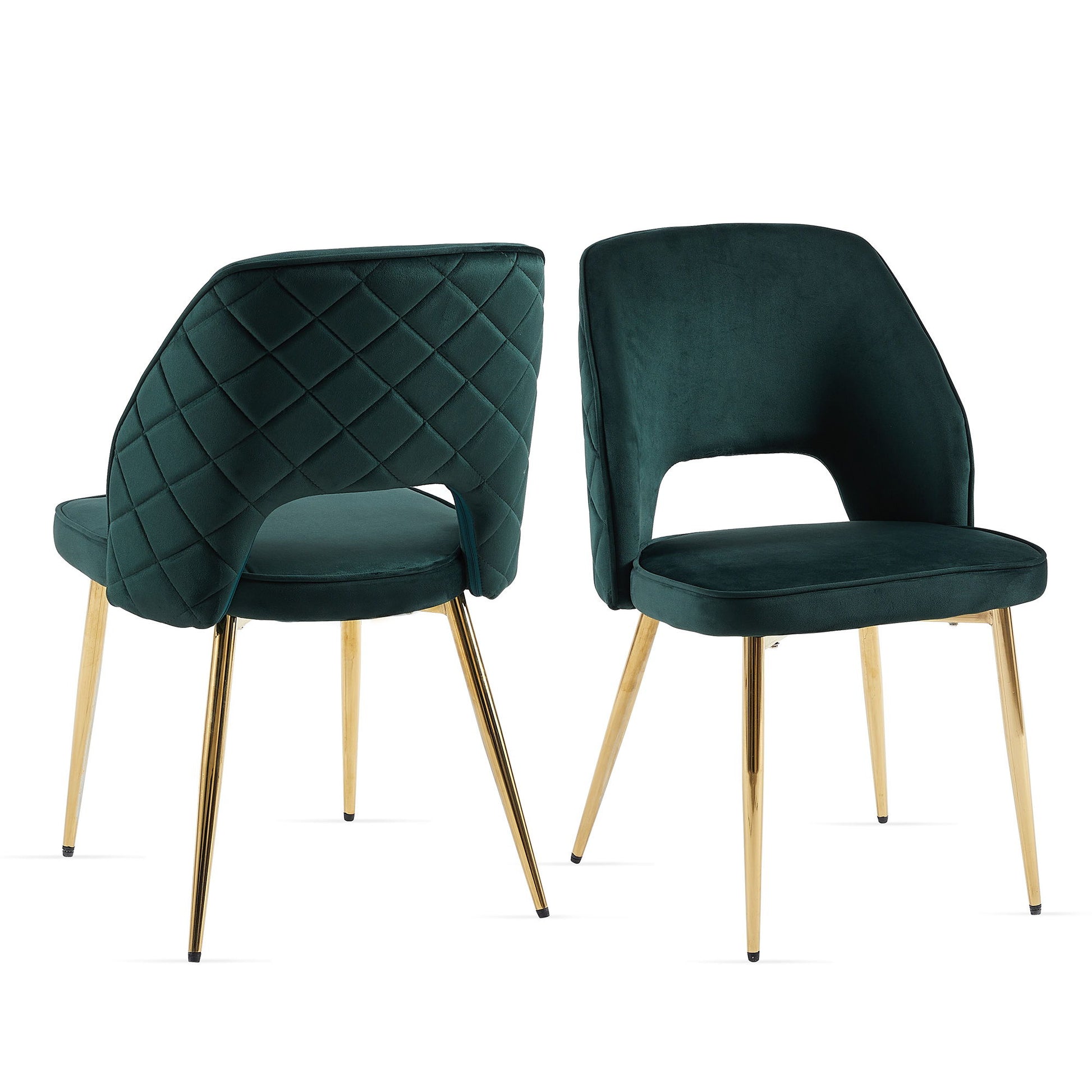 Two Velvet Dining Chairs With Metal Legs And Hollow Back, shown at different angles on a white background. These upholstered dining chairs feature a modern open-back design.