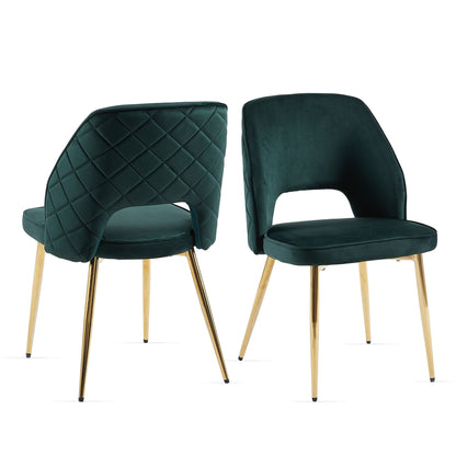 Two Velvet Dining Chairs With Metal Legs And Hollow Back, shown at different angles on a white background. These upholstered dining chairs feature a modern open-back design.