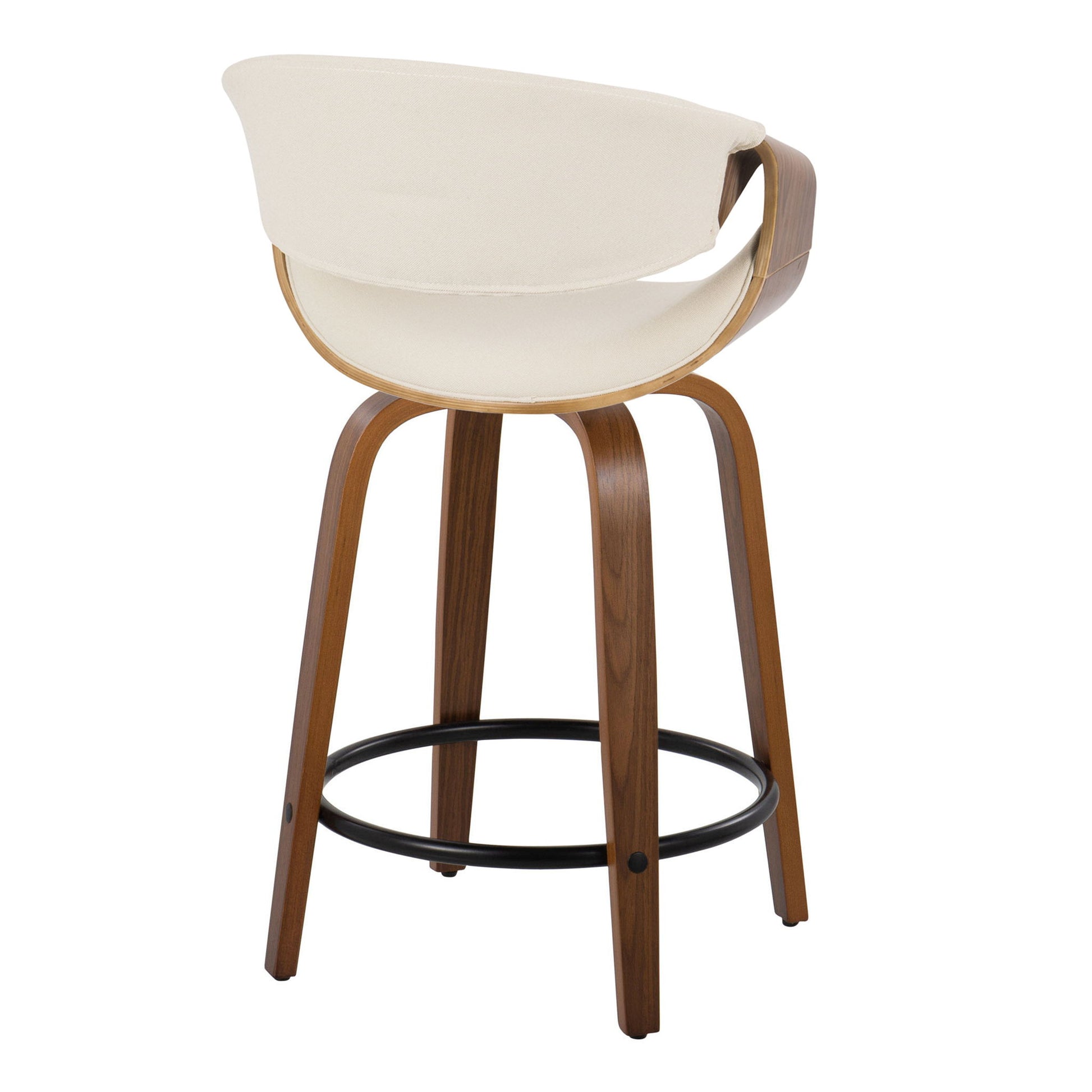 The Curvini Mid-Century Modern Fixed Height Counter Stool with Swivel (Set of 2) features a curved wooden frame, round white cushioned seat and backrest, and four angled legs joined by a black metal footrest ring.