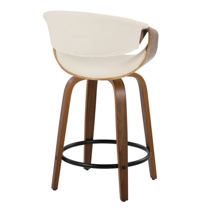 The Curvini Mid-Century Modern Fixed Height Counter Stool with Swivel (Set of 2) features a curved wooden frame, round white cushioned seat and backrest, and four angled legs joined by a black metal footrest ring.
