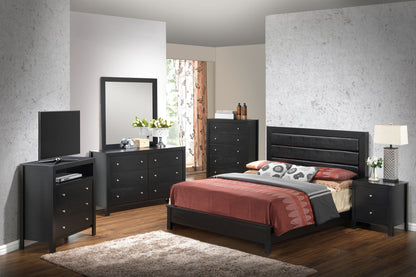 A modern bedroom featuring the Transitional Modern Design Bed with red and beige bedding, matching dressers, nightstand, a TV stand, hardwood floors, a rug, and a large window with light curtains.