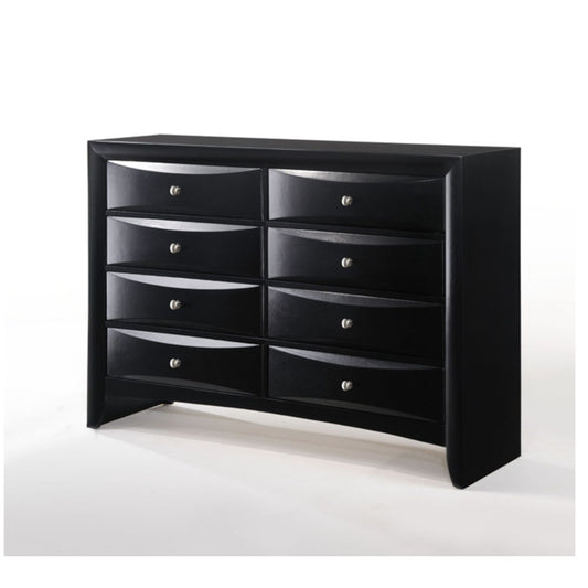 The Ireland Ample Storage Dresser is a modern black piece with eight drawers, each with a round silver knob. It features a sleek, curved design and stands on short legs for contemporary style and functionality.