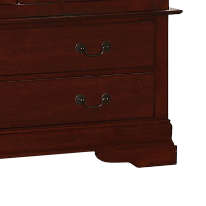 A close-up of the Elegant Traditional Armoire shows two wooden drawers with dark metal handles, a rich brown finish, and decorative base molding.