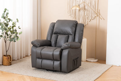 An Electric Power Massage Recliner Chair sits on a light rug in a cozy living room, surrounded by a potted plant, floor lamp, and wall hanging. Neutral tones and soft lighting add to the relaxed atmosphere.