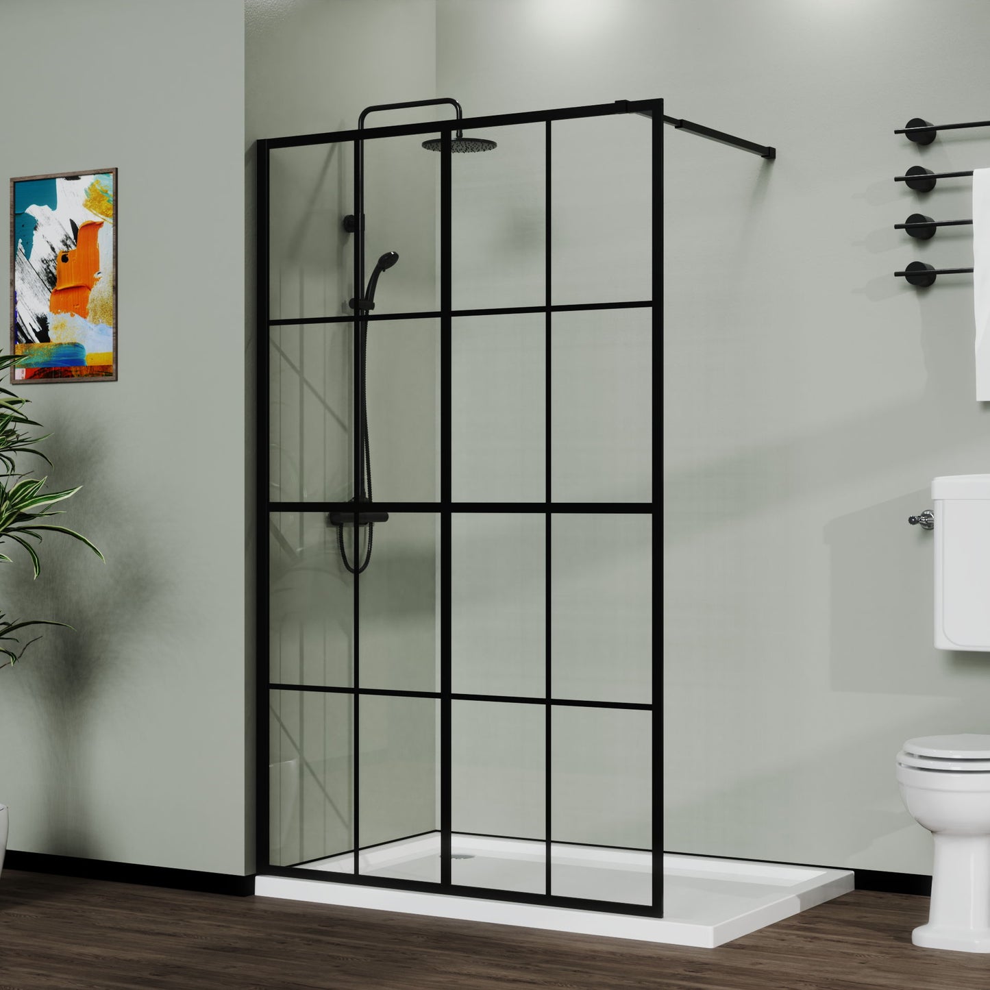 Modern bathroom featuring the Shower Screen Walk In Wet Room - Black, rain shower head, white toilet, towel rack with folded towels, abstract wall art, potted plant, and dark wood floor.