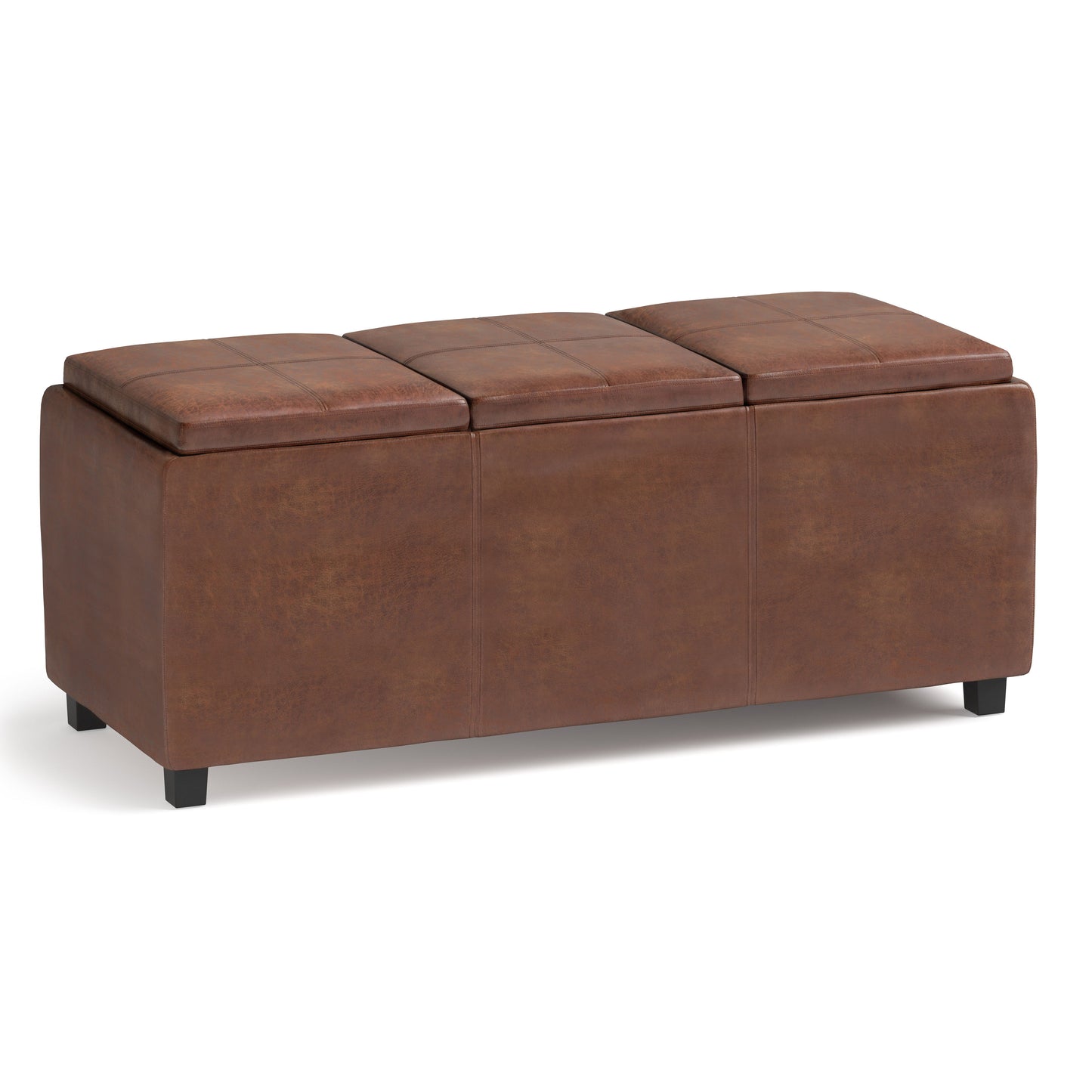 The Avalon - Upholstered Storage Ottoman is a rectangular brown leather piece with three cushioned lids and short black legs, shown against a white background.