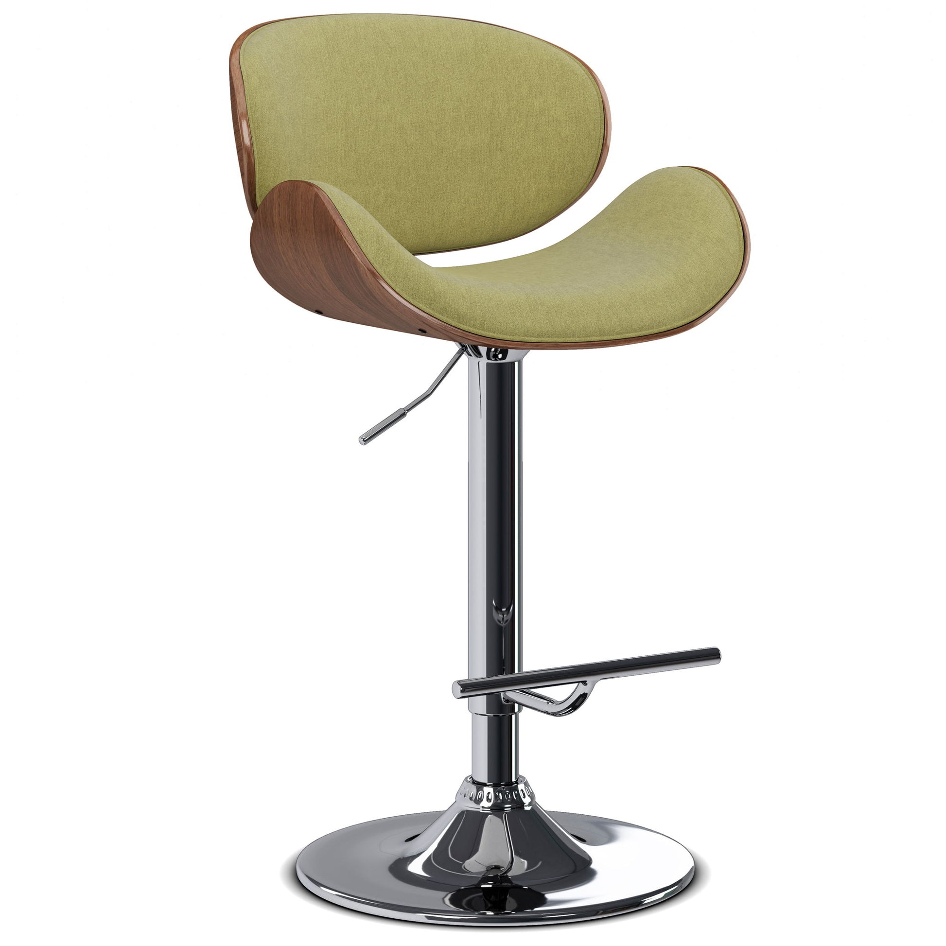 The Marana Multifunctional Handcrafted Bentwood Adjustable Swivel Bar Stool features a green cushioned seat and backrest, curved wooden accents, and a chrome base with footrest and height adjustment lever.