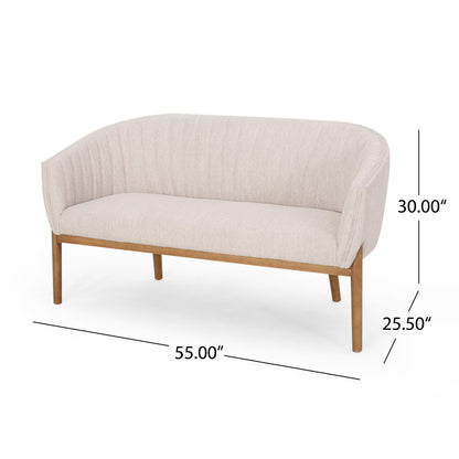 The Mid Century Modern Loveseat With Channel Stitched Backrest features a beige upholstered finish, curved backrest, wooden legs, and measures 55" wide, 30" tall with a seat height of 25.5".