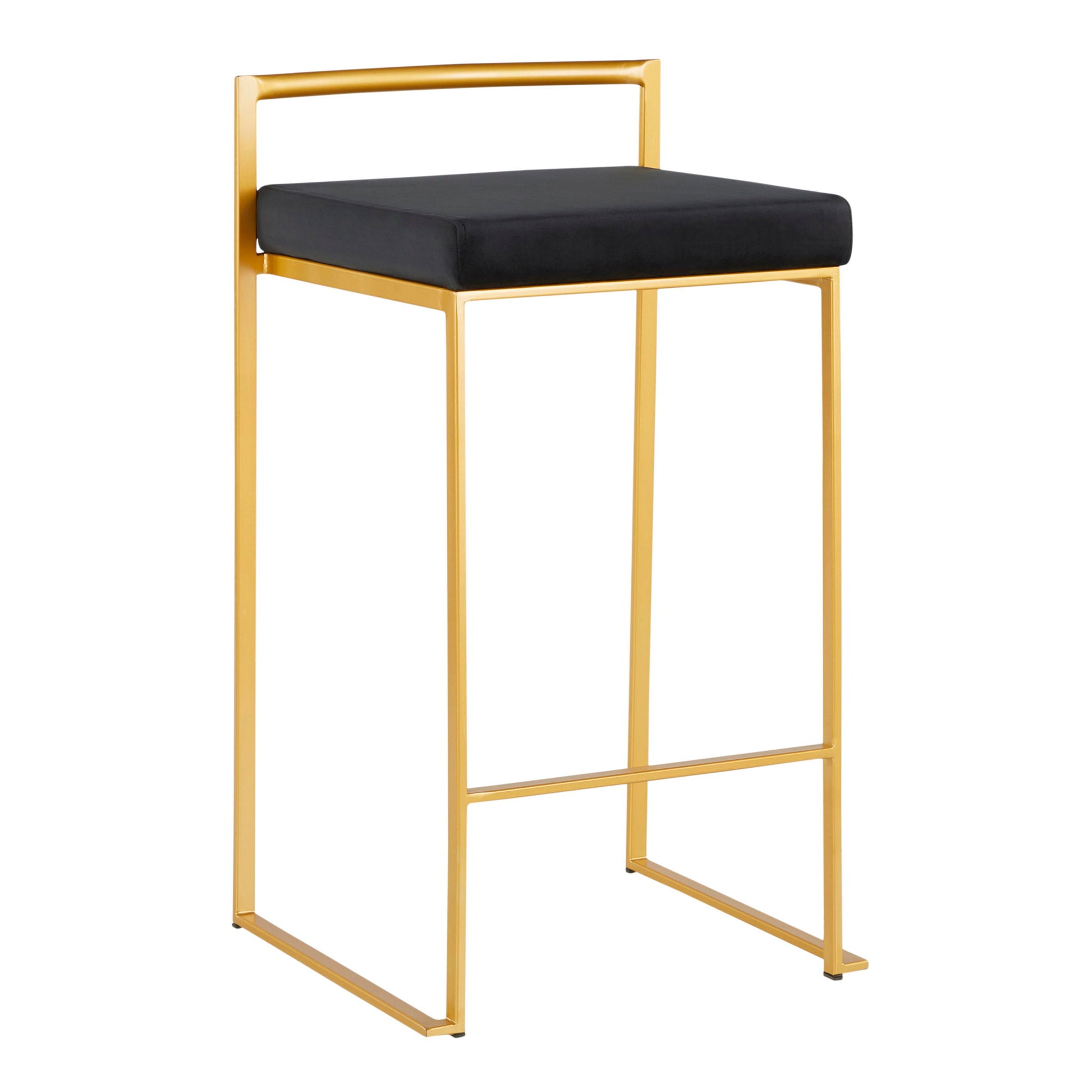 The Fuji Contemporary/Glam Counter Stool (Set of 2) features a gold metal frame, rectangular backrest, and black cushioned seat. Its minimalist design showcases clean, straight lines for a modern touch.