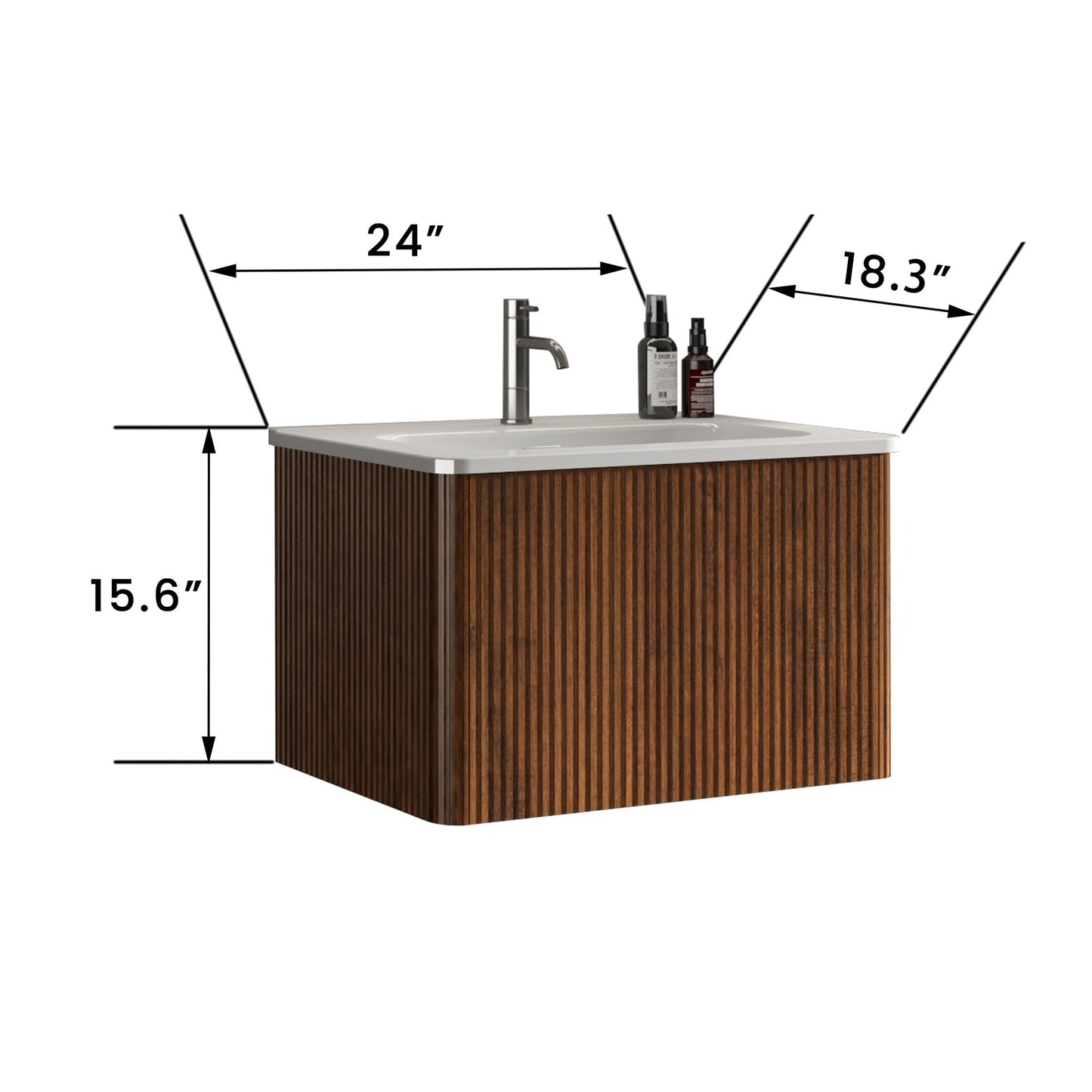 The Etna Striped Wall Mounted Bathroom Vanity features a ribbed wood finish, ceramic sink, white countertop, faucet, and toiletries. Dimensions: 24" W x 18.3" D x 15.6" H—perfect for modern bathrooms.