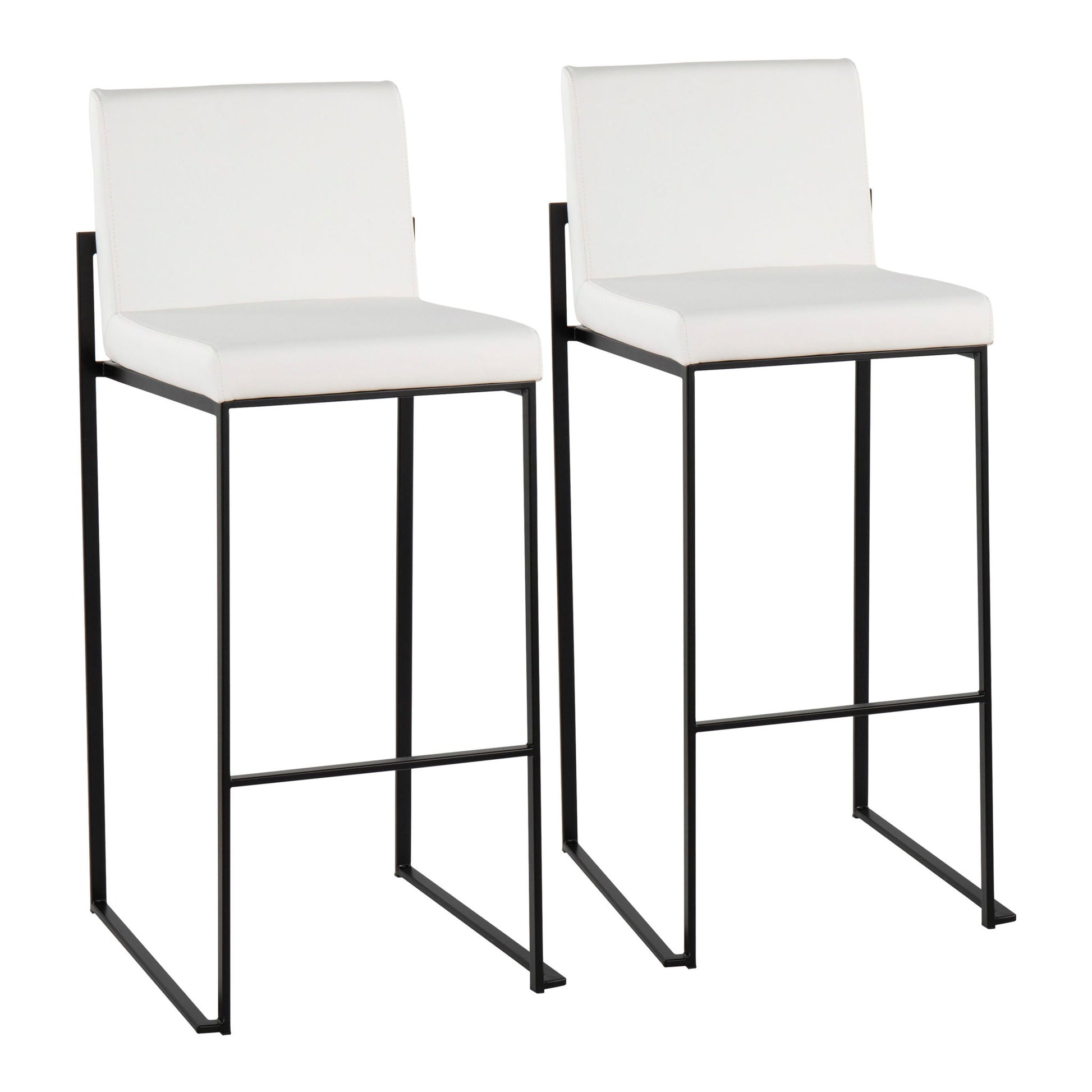 The Fuji Contemporary High Back Barstool features a minimalist, elegant design with black metal frames and white upholstered seats and backs, shown side by side on a white background.