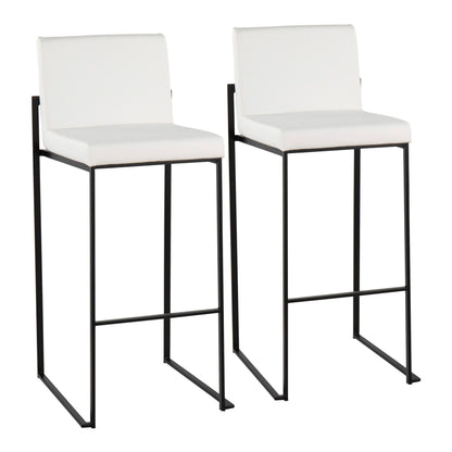 The Fuji Contemporary High Back Barstool features a minimalist, elegant design with black metal frames and white upholstered seats and backs, shown side by side on a white background.