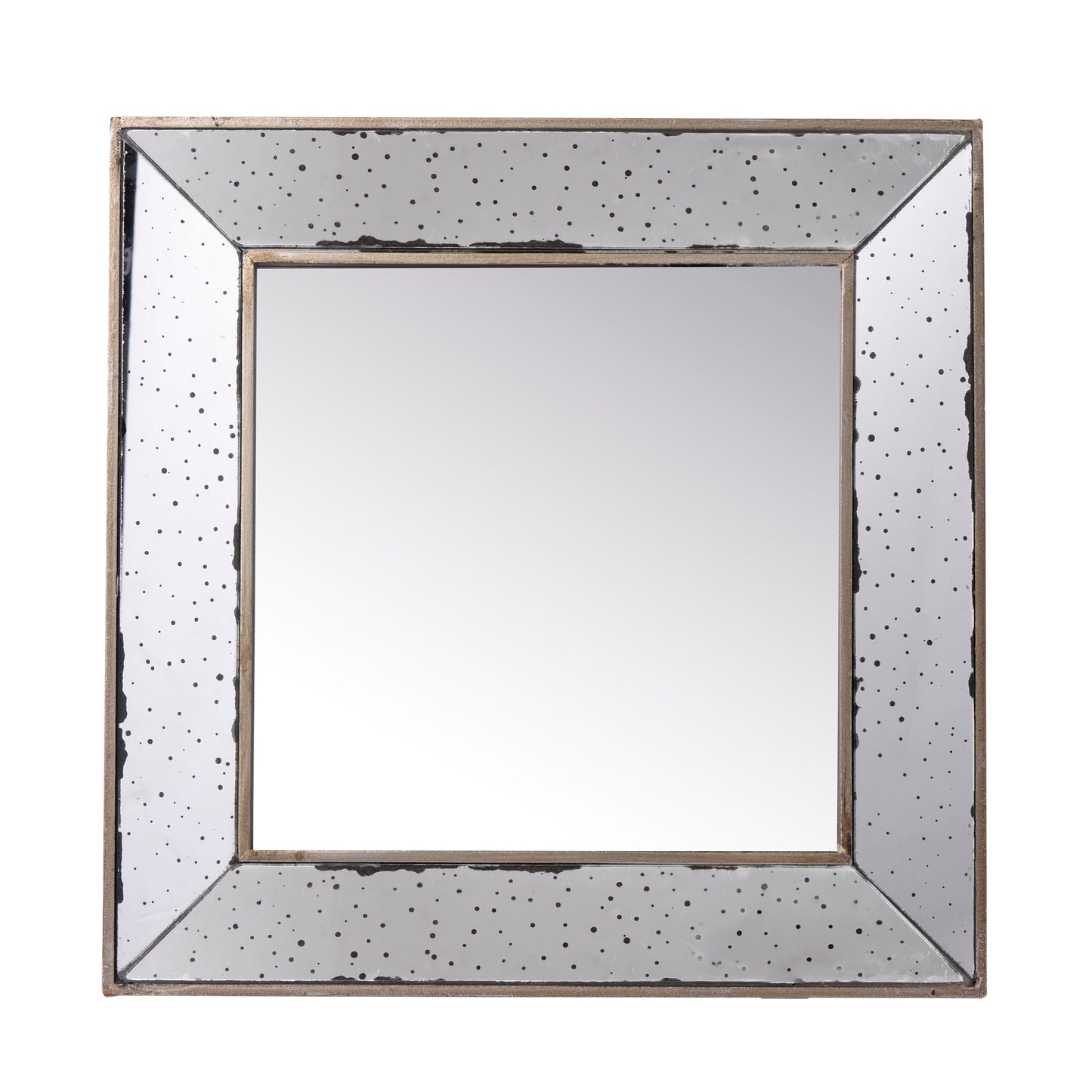 The Distressed Accent Mirror is a traditional style wall mirror with a wide, antique-look frame featuring speckled black spots and a slightly distressed finish, perfect for adding vintage charm to your living room.