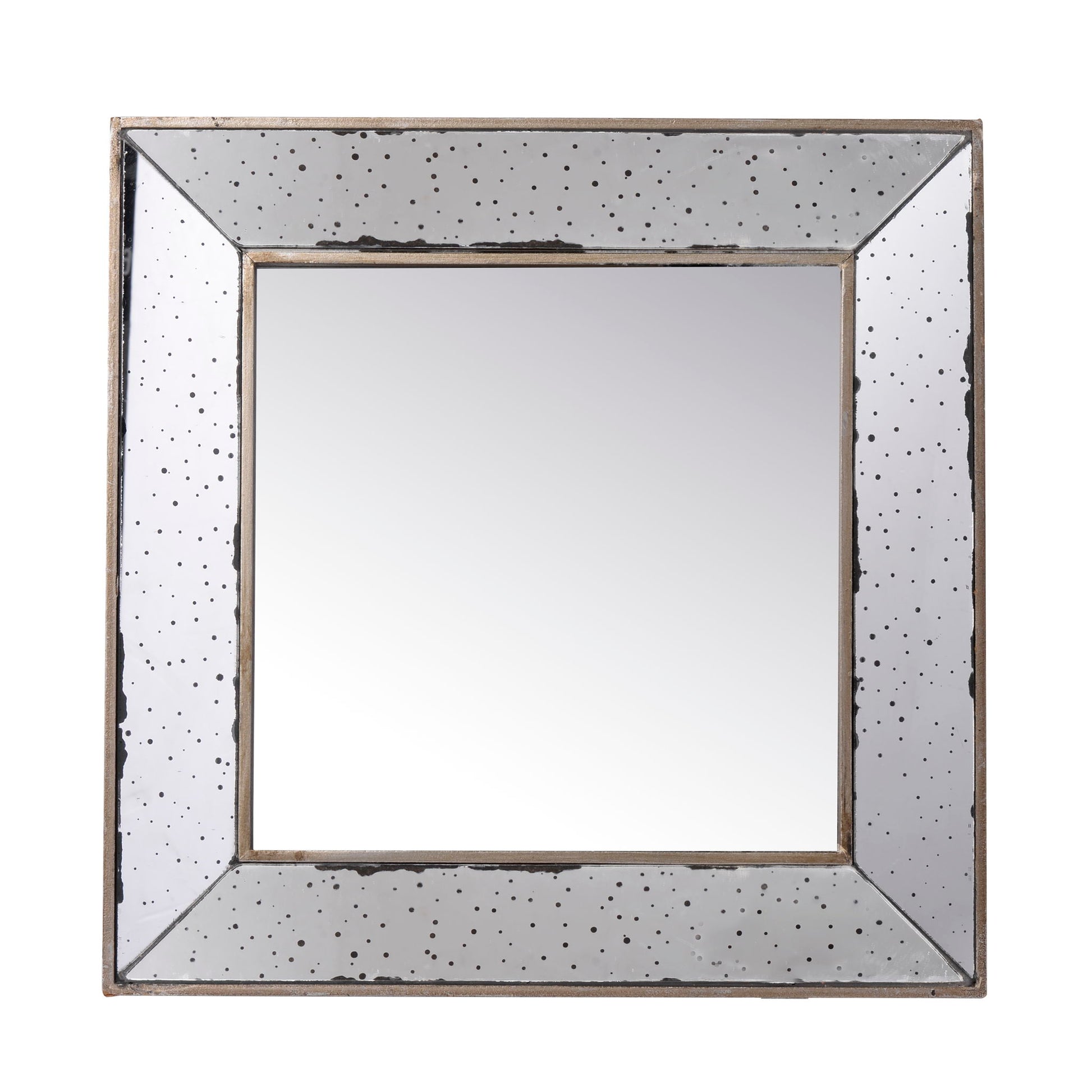 The Distressed Accent Mirror is a traditional style wall mirror with a wide, antique-look frame featuring speckled black spots and a slightly distressed finish, perfect for adding vintage charm to your living room.