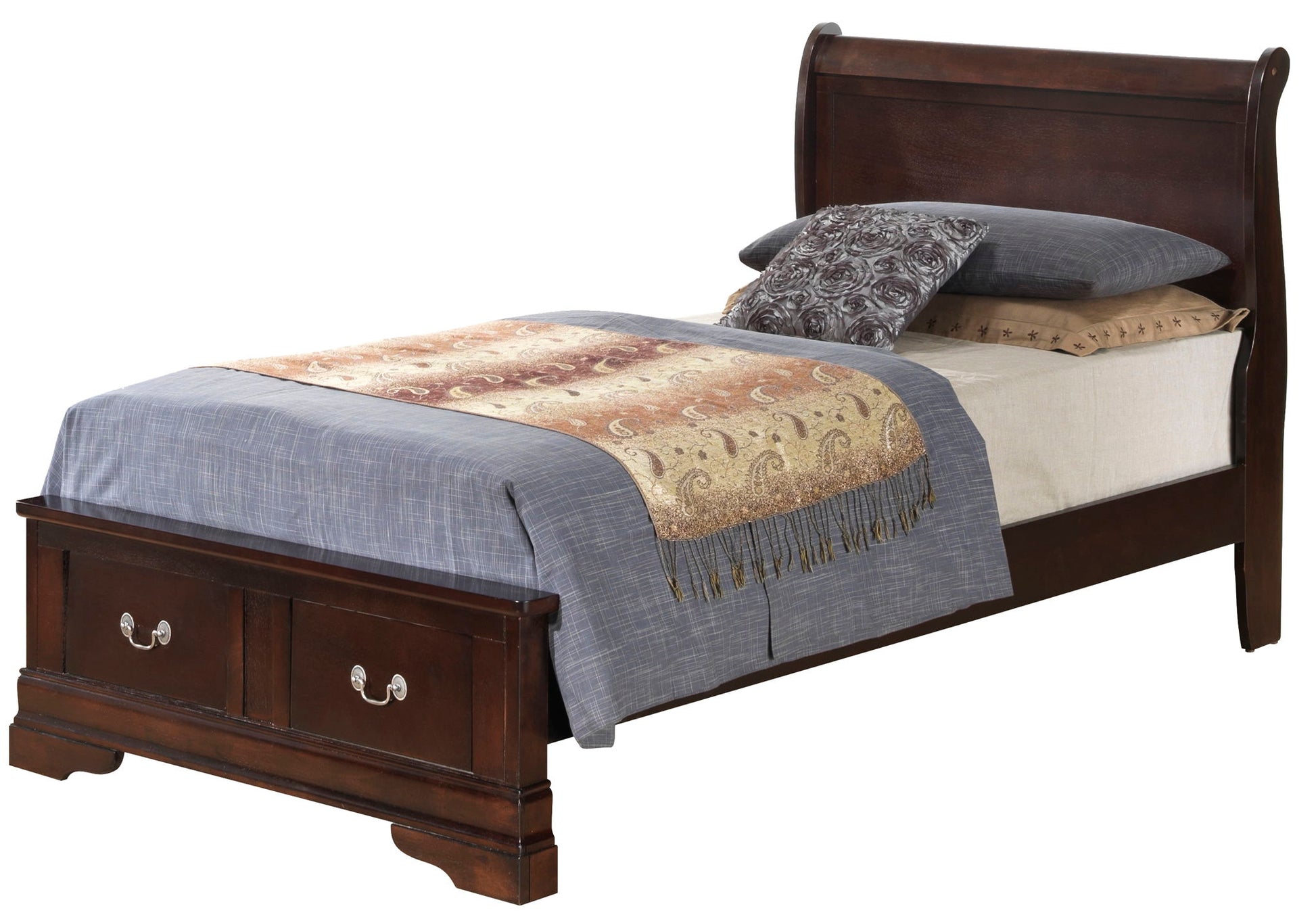 The Louis Phillipe - Storage Bed is a wooden twin bed with a high headboard, two footboard drawers, gray bedding, a patterned throw, and several stacked pillows.