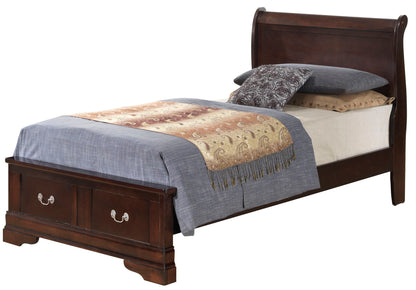 The Louis Phillipe - Storage Bed is a wooden twin bed with a high headboard, two footboard drawers, gray bedding, a patterned throw, and several stacked pillows.