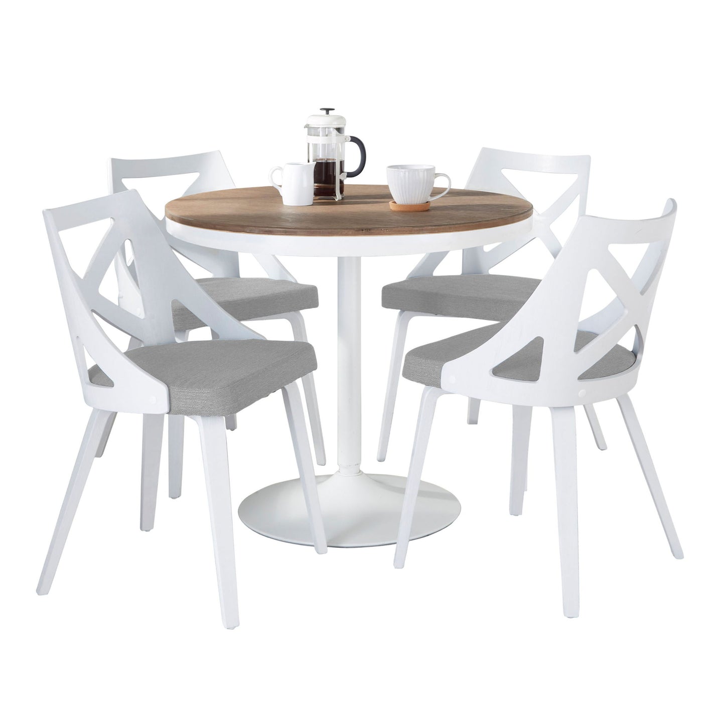 The Dakota Charlotte 5 Piece Contemporary Design Dining Set features a modern round wooden table with a white pedestal base and four white chairs with grey cushions, set with a French press and three white cups.