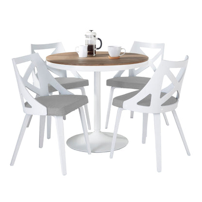 The Dakota Charlotte 5 Piece Contemporary Design Dining Set features a modern round wooden table with a white pedestal base and four white chairs with grey cushions, set with a French press and three white cups.