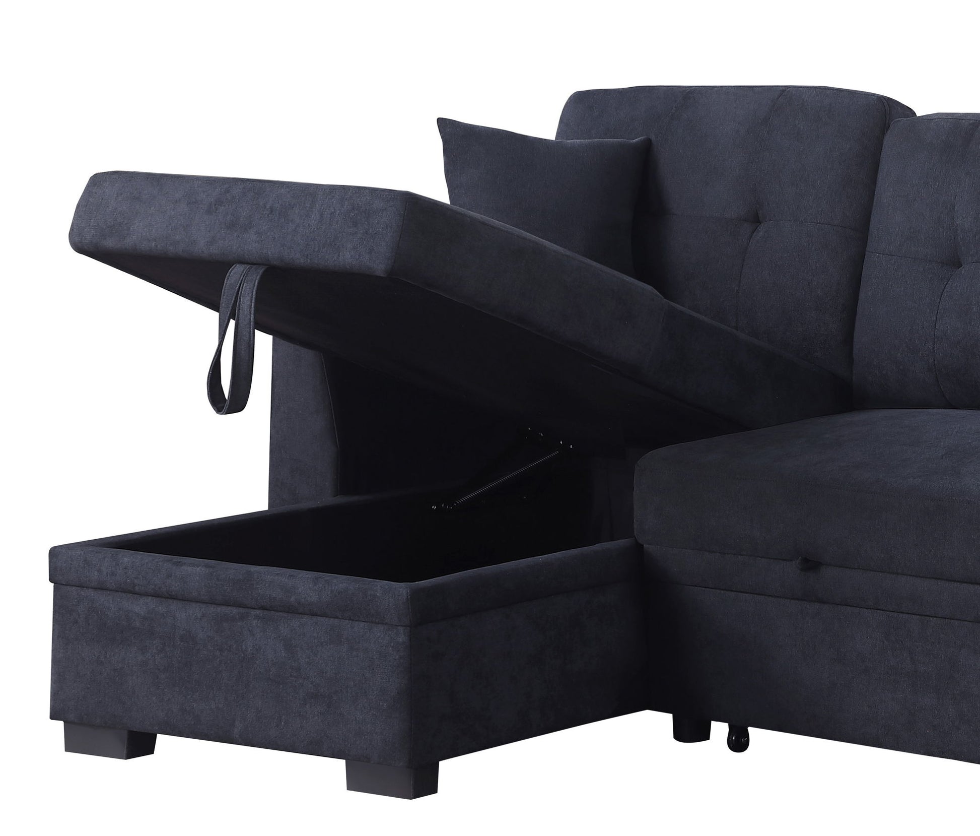 The Sectional Sofa Bed in dark blue features an open chaise lounge with a hidden storage compartment and includes a small matching cushion on the backrest.