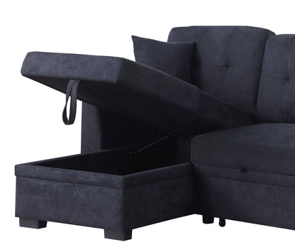 The Sectional Sofa Bed in dark blue features an open chaise lounge with a hidden storage compartment and includes a small matching cushion on the backrest.