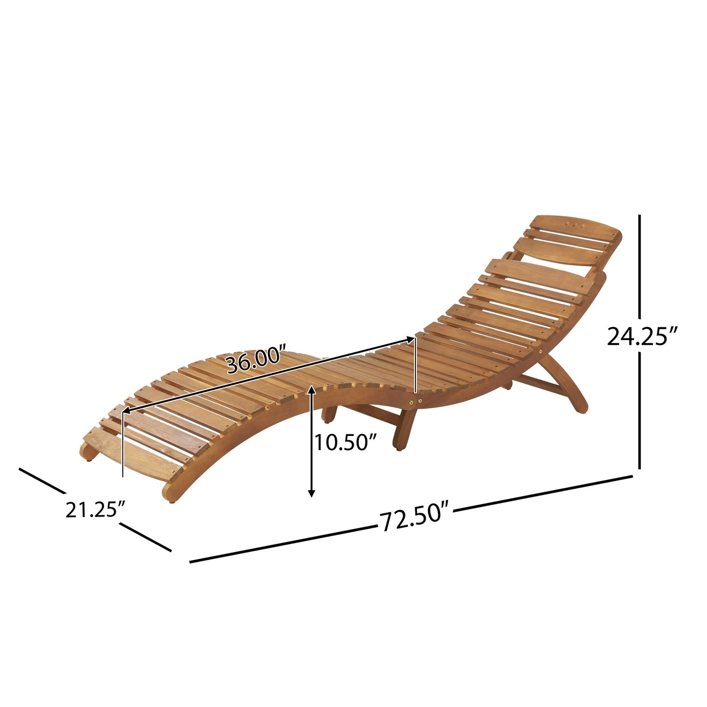 The Lahaina - Wood Foldable Chaise Lounge features a slatted design, curved seat and backrest. Dimensions: 72.5"L x 21.25"W x 24.25"H (backrest), seat height 10.5", main seat length 36".