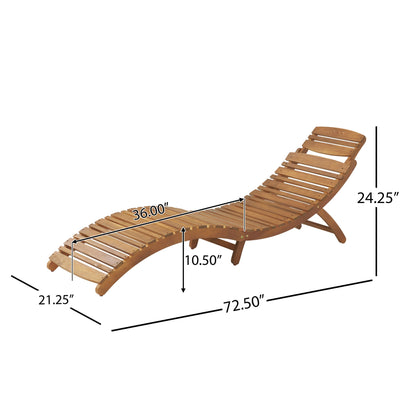 The Lahaina - Wood Foldable Chaise Lounge features a slatted design, curved seat and backrest. Dimensions: 72.5"L x 21.25"W x 24.25"H (backrest), seat height 10.5", main seat length 36".