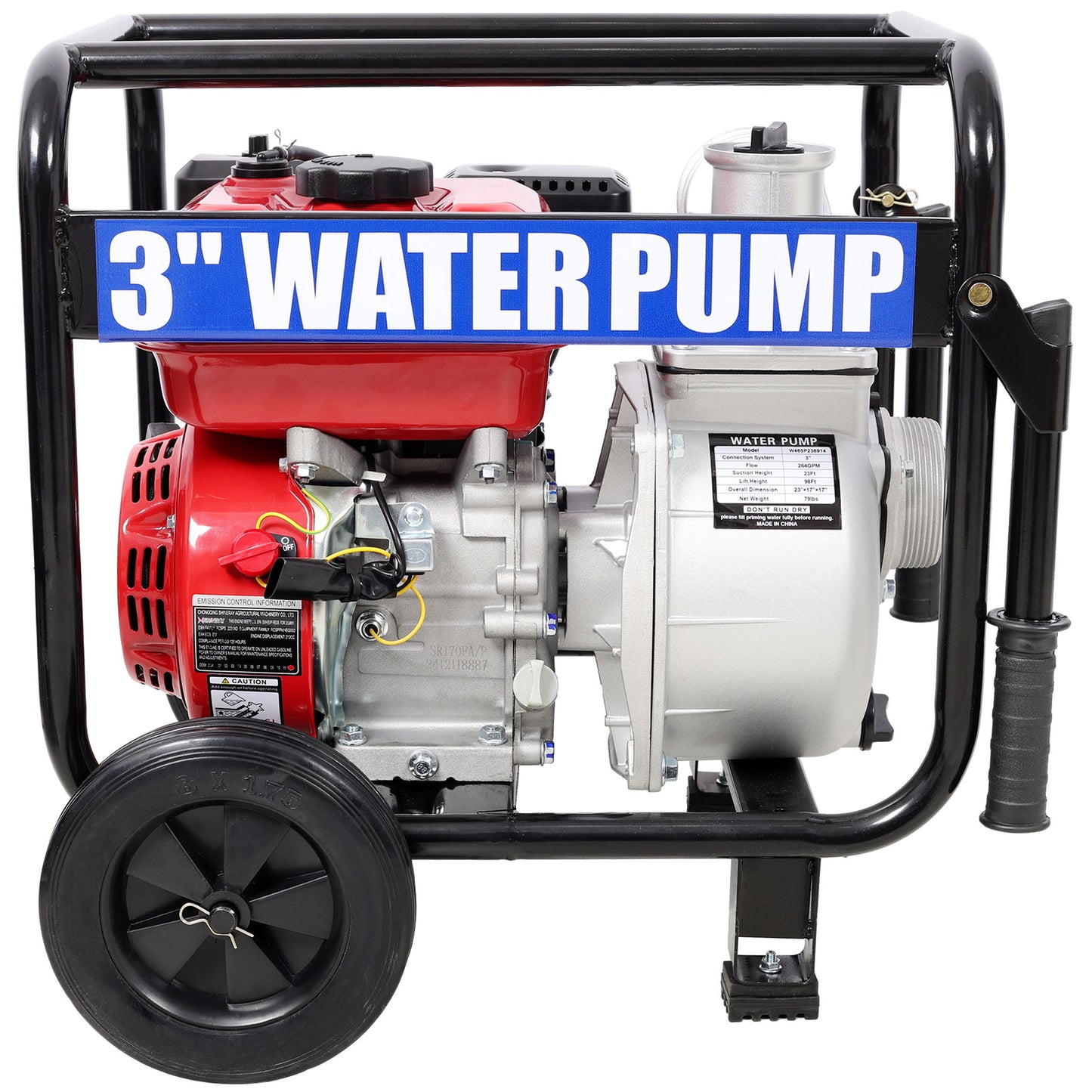 Gas Engine Powered Water Pump 3" Inlet & Outlet 7Hp 212Cc Epa Certified With Wheels And Handle - Black / Red