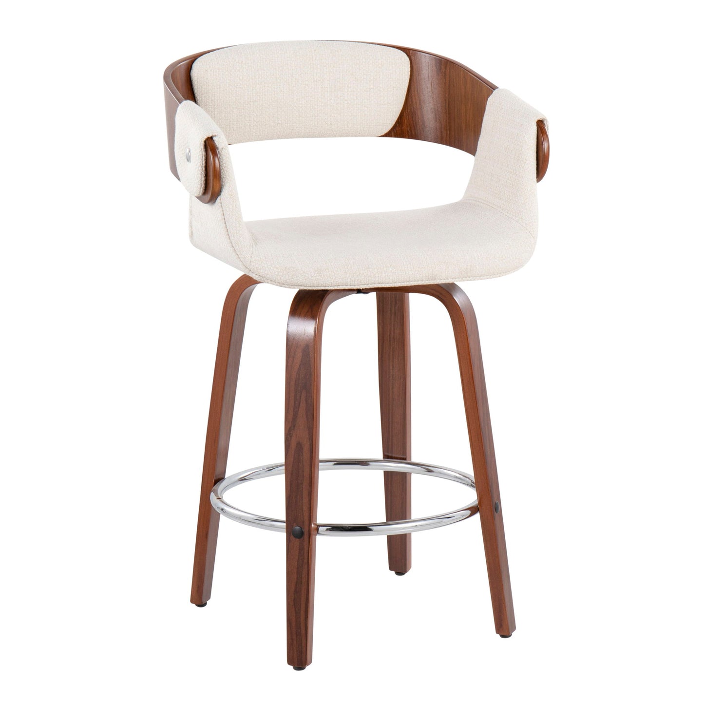 The Elisa Mid Century Modern Counter Stool (Set of 2) features a curved wooden backrest, beige upholstered seat, four wooden legs, chrome footrest, and a contemporary design.