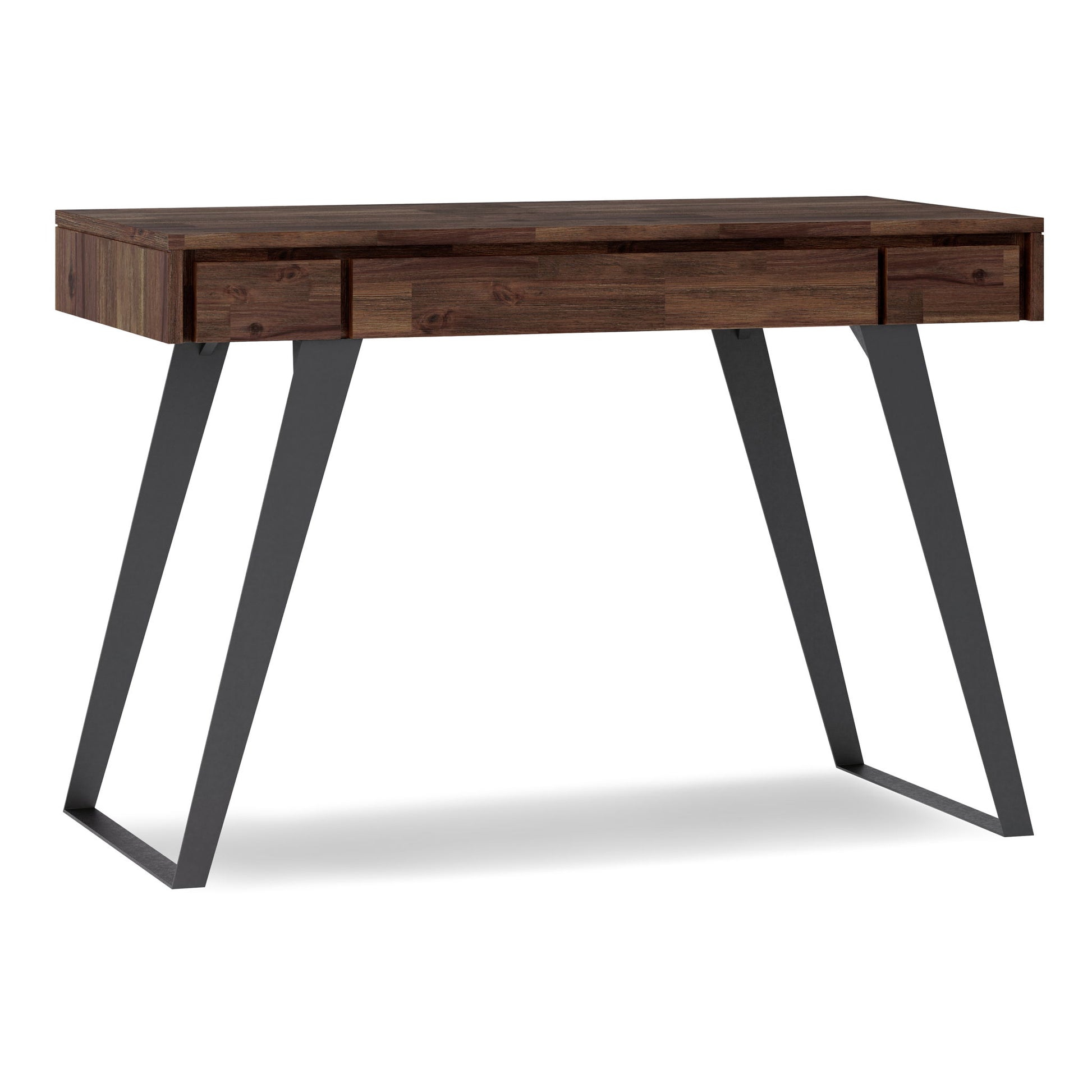 The Lowry Handcrafted Desk features a dark wooden top, three shallow drawers, and angled black metal legs for a contemporary, minimalist style.