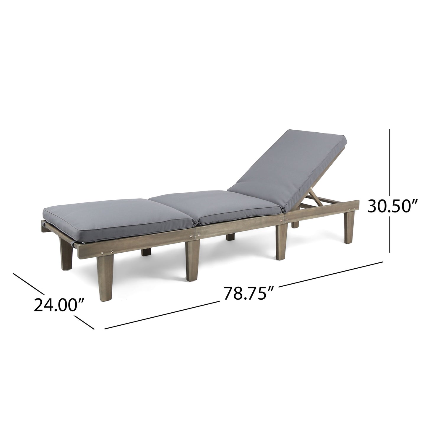 The Ariana Wood Chaise Lounge With Cushion is a gray outdoor chair with an adjustable backrest, wood frame, six legs, and measures 78.75"L x 24"W x 30.5"H.