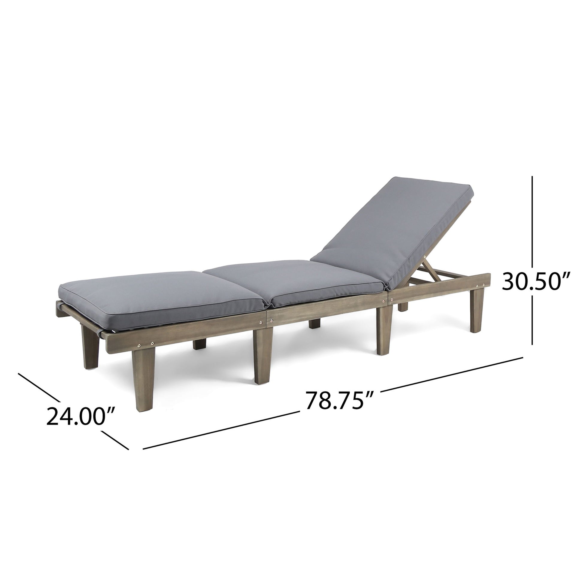 The Ariana Wood Chaise Lounge With Cushion is a gray outdoor chair with an adjustable backrest, wood frame, six legs, and measures 78.75"L x 24"W x 30.5"H.