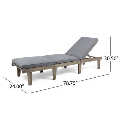The Ariana Wood Chaise Lounge With Cushion is a gray outdoor chair with an adjustable backrest, wood frame, six legs, and measures 78.75"L x 24"W x 30.5"H.