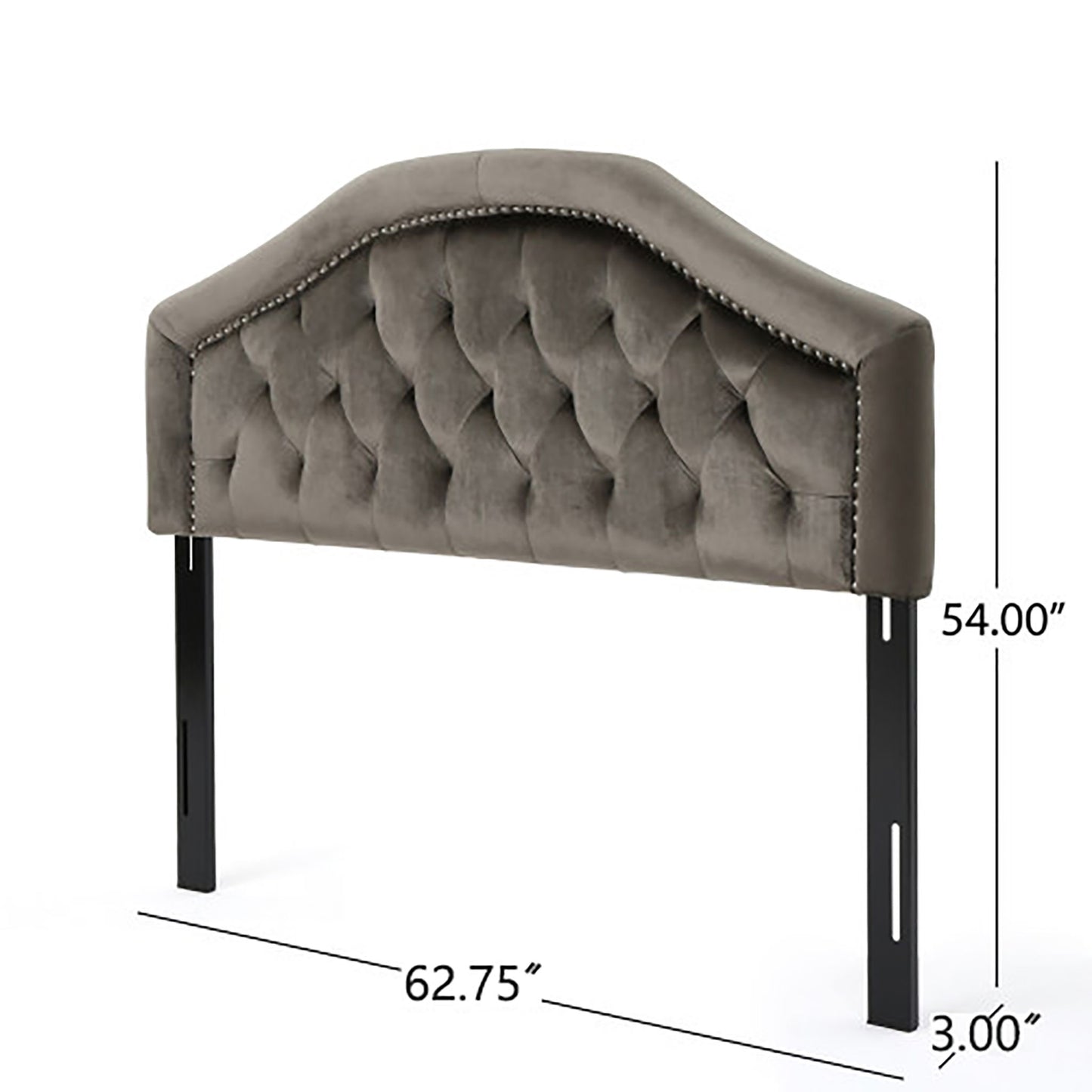 The Kaarina Contemporary Tufted Fabric Headboard features gray upholstery, studded trim, black legs, and measures 54" tall, 62.75" wide, and 3" deep.