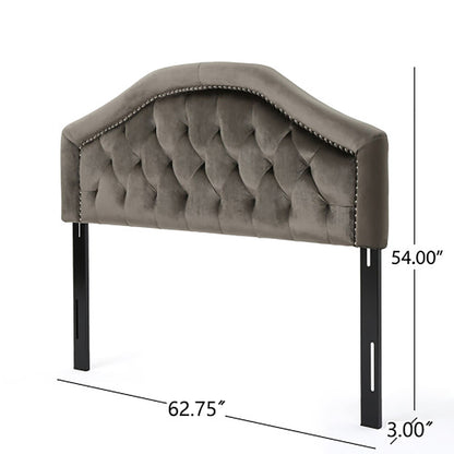 The Kaarina Contemporary Tufted Fabric Headboard features gray upholstery, studded trim, black legs, and measures 54" tall, 62.75" wide, and 3" deep.