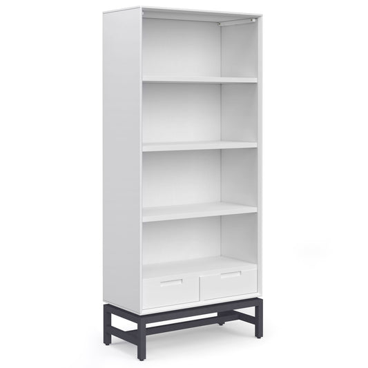 The Banting - Mid Century Handcrafted Bookcase features a tall white frame with three open shelves, two closed drawers at the bottom, and stands on a black metal base.