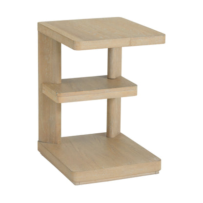 The Clove Chairside Table in tan features a small, lightweight wood design with a modern, open look, two shelves, and a square top supported by a single vertical panel.