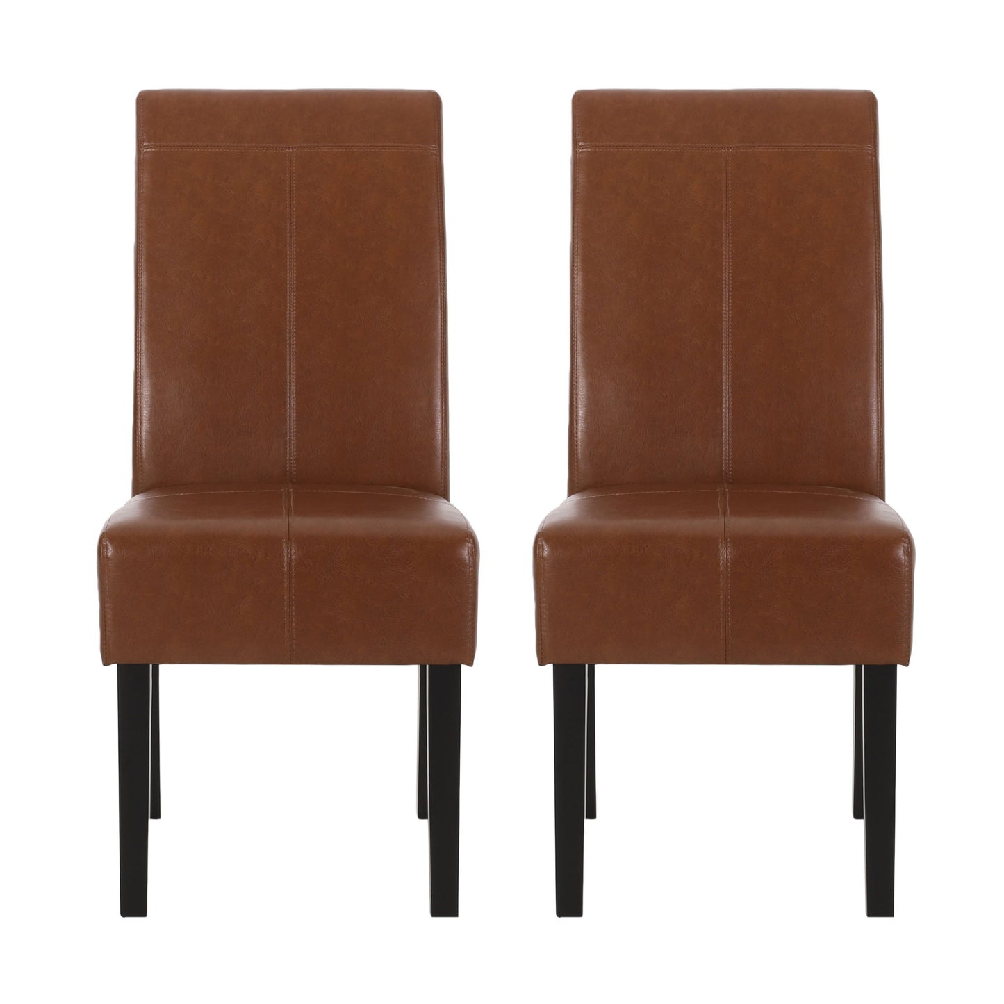 The Pertica Dining Upholstered Armless Chairs (Set of 2) feature brown leather seats, high backs, and dark wooden legs, shown side by side against a white background.