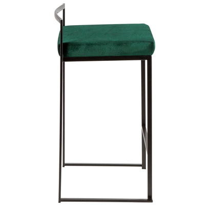 The Fuji - Contemporary Style Stackable Counter Stool features a green cushioned seat, black metal frame, and minimalistic backrest, shown here from the front.
