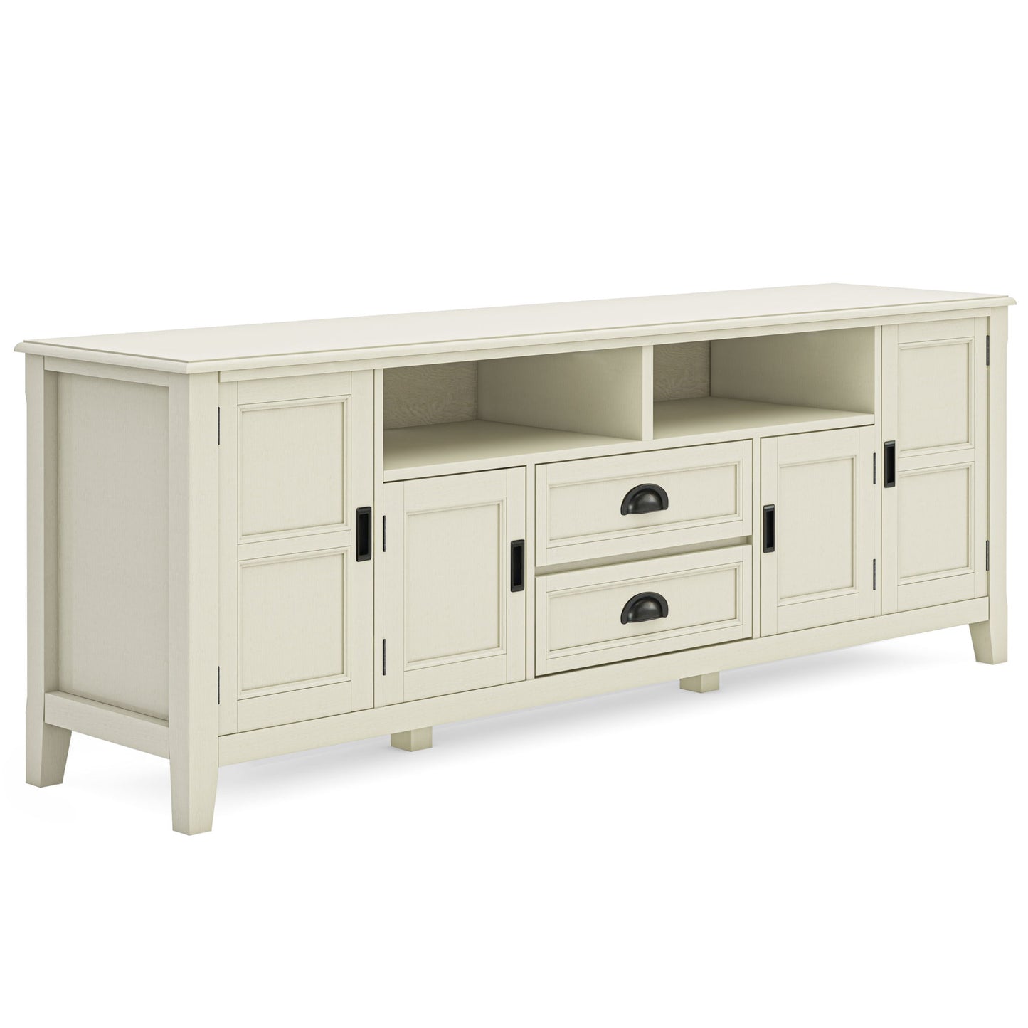 The Burlington TV Media Stand is a simple, modern white wooden stand featuring four cabinet doors, two central drawers with black handles, and an open shelf above the drawers. Clean lines complete its stylish design.