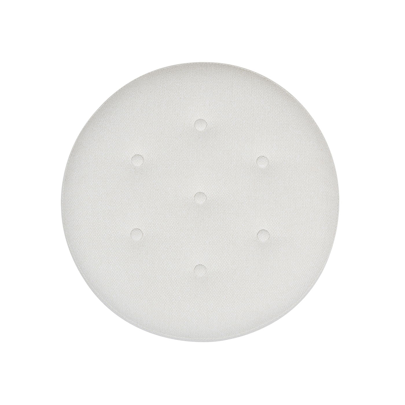 The Yolanda Round Upholstered Accent Ottoman features a white textured surface and seven evenly spaced small circular cutouts in a hexagonal pattern, shown from above against a white background.