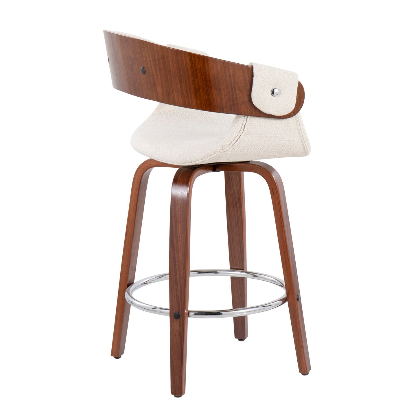 The Elisa Mid Century Modern Counter Stool (Set of 2) features a curved wooden backrest, light beige upholstered seat, chrome footrest, and wooden legs, blending materials for a stylish contemporary look.