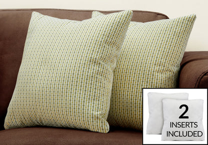Two decorative square throw pillows with hypoallergenic filling on a brown couch; inset displays two white pillow inserts and text “2 INSERTS INCLUDED.”.
