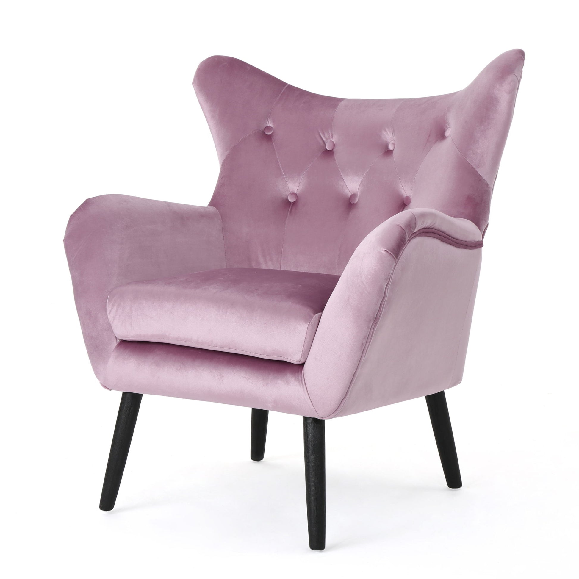 The Alyssa Mid Century Upholstered Arm Chair features a plush light purple velvet finish, wingback design, button-tufted back, flared armrests, and four black tapered wooden legs, displayed against a white background.